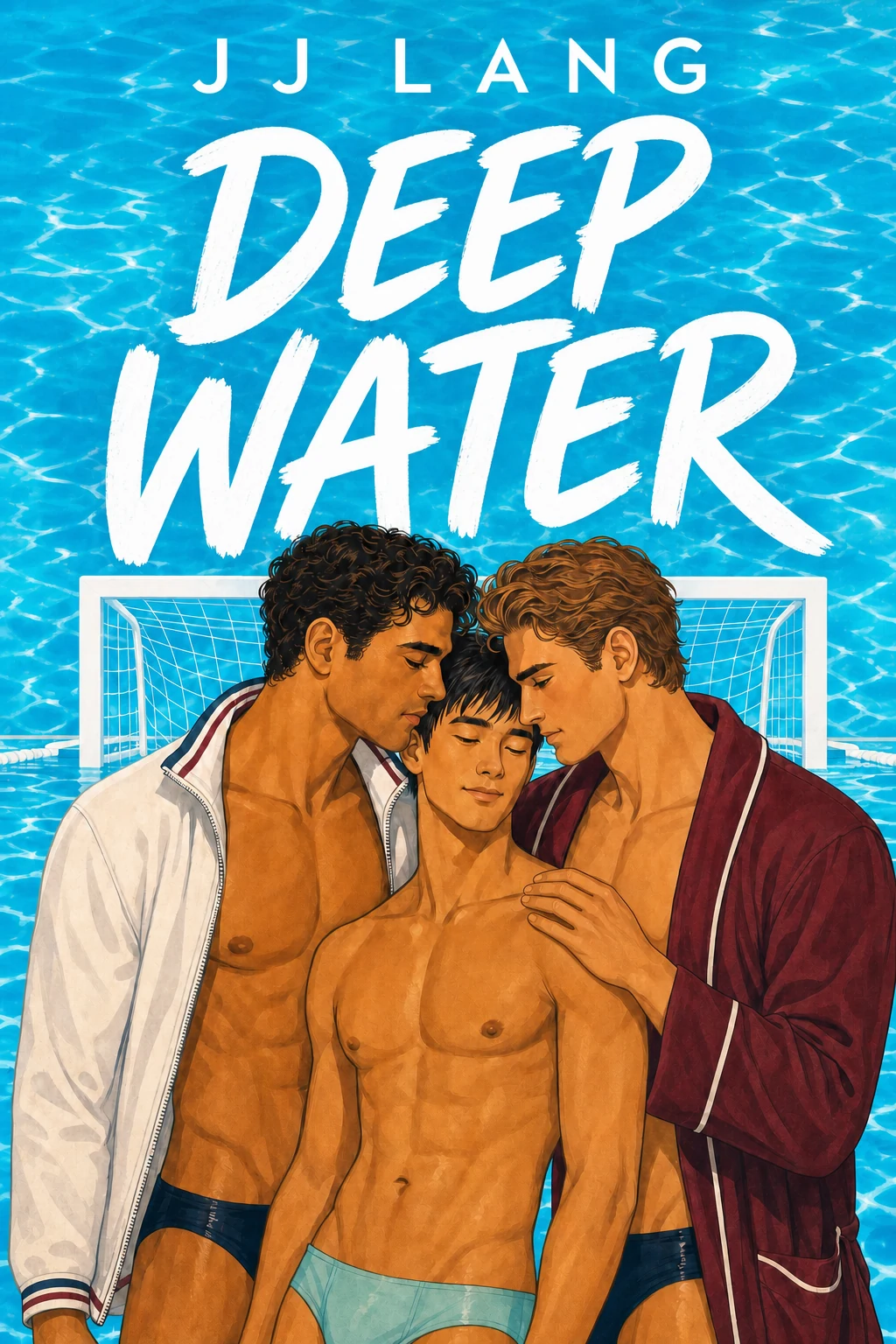Deep Water by JJ Lang — three water-polo players embrace beside a bright blue pool